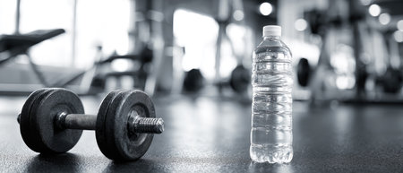 A monochrome image presents a dumbbell alongside a water bottle. The focus is on the objects, with the background blurred. The composition creates a sense of space and a gym context. This image is suitable for illustrations about fitness, health and wellness, and related themes.の素材