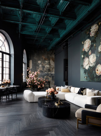 This interior showcases a modern living space with a white sofa arrangement and flower arrangements. The scene uses a dark color palette with teal ceiling and black wooden floor, and the wall features a large floral painting. It evokes sophistication for commercial use and can be employed in various design projects.の素材