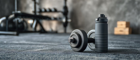 A close-up depicts a dumbbell and a water bottle placed on a textured, gray surface. The setting suggests an indoor gym or workout space. The image has a shallow depth of field, with other gym equipment blurred in the background. This composition could be suitable for fitness, health, or wellness-related themes.の素材