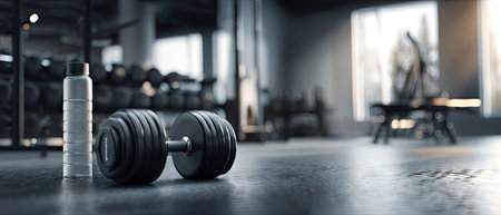 A close-up shows a dumbbell and a water bottle set on a gym floor. The scene employs a shallow depth of field, blurring the background of weight racks and a bright window. The lighting suggests a well-lit indoor environment. This imagery suits various fitness, wellness, and healthy lifestyle themes.の素材