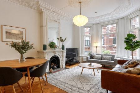 This image showcases a well-lit living room with various furniture arrangements. The room features a fireplace, large windows, and a combination of warm and cool color tones. It appears to be a comfortable space, potentially suitable for lifestyle, home decor, or real estate marketing materials.の素材