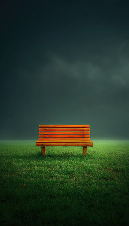 A weathered wooden bench sits centered on a vibrant green field, under a moody, overcast sky. The image uses strong color contrast and a shallow depth of field to emphasize the bench. Its isolated placement may represent concepts like solitude or contemplation, offering potential uses in various media projects.の素材