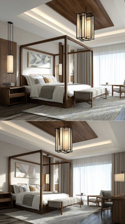 This image presents a sophisticated bedroom interior, featuring a large canopy bed as its central element. The composition emphasizes the bed, complemented by modern lighting fixtures and wooden accents. Soft, diffused lighting contributes to the overall ambiance of the space. Suitable for use in design publications and commercial applications.の素材