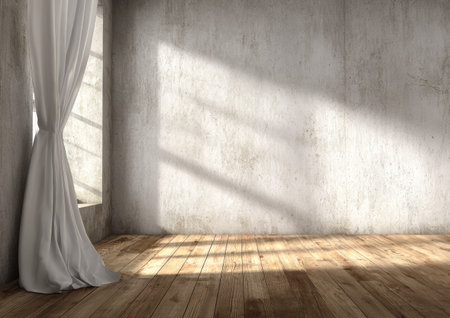 An empty interior space features a wooden floor and a rough textured wall. Sunlight streams through a window, illuminating the space and casting shadows. A white curtain hangs beside the window. This image could be used for various commercial applications, including background design or interior decoration.の素材
