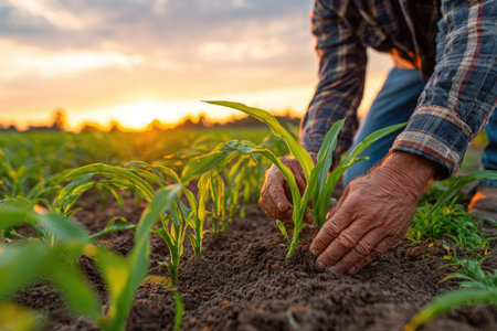 A farmer is seen tending young plants growing in soil under a warm, golden sunset. The composition focuses on the hands and crops, with a shallow depth of field. The image features natural lighting and is suitable for illustrating themes of agriculture, cultivation, or farm-related projects.の素材