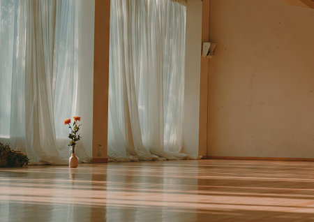 An empty room bathed in soft sunlight features sheer white curtains and a polished wooden floor. A minimalist composition showcases a vase with flowers as a focal point. The scene's warm tones and clean lines could be suitable for interior design, lifestyle, or creative projects.の素材