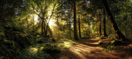 An outdoor forest environment is depicted with a pathway and vibrant vegetation. Sunlight streams through tall trees creating a luminous atmosphere. The image features rich greens, browns, and highlights suggesting a natural environment with possible uses for nature-related projects or editorial content.の素材