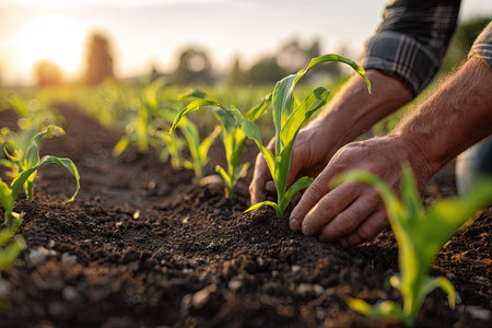 Close-up of a farmer's hands working with seedlings planted in a row, showing lush green plants and rich soil. Warm sunlight bathes the scene, suggesting an outdoor setting. This image could be used for agricultural or environmental articles, illustrating growth and sustainable practices.の素材