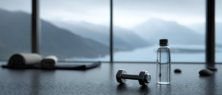 An interior shot showcases fitness accessories, including a dumbbell and a water bottle. These items rest on a surface, while a yoga mat and rolled towels are present. The muted color palette emphasizes a sense of tranquility. This setting could be used for illustrations about wellness.の素材