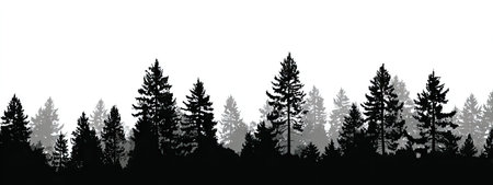 This image presents a forest silhouette, featuring various tree shapes and sizes in grayscale against a bright white background. The composition uses a flat design style, suggesting a minimalist approach. It evokes natural scenes, ideal for design projects, marketing materials, or conceptual illustrations. The image conveys the beauty of natural environments.の素材