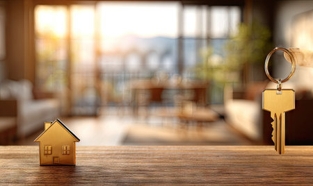 A golden key and miniature house are set on a wooden table in a blurred interior scene. The composition includes warm colors, suggestive of sunlight, and features a shallow depth of field. This could be used for illustrating concepts related to property, homeownership, or real estate, and various commercial projects.の素材