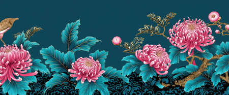 An illustrated floral arrangement displays bright pink chrysanthemum blooms and vibrant teal leaves. The flowers are set against a dark teal backdrop, creating a high-contrast visual. The composition features detailed brushwork and a decorative style. Suitable for various uses, including design projects and print media.の素材