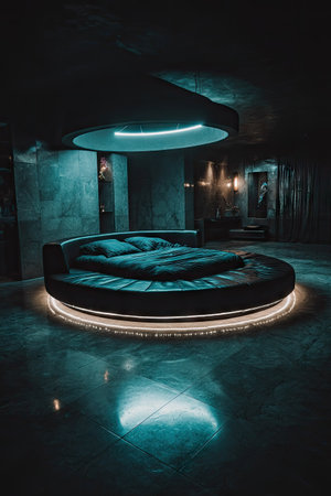 A circular bed takes center stage in a modern bedroom setting. The image features a dark, futuristic interior with a prominent use of neon lighting. The composition is enhanced by shadows, creating depth. This image could be used for commercial or editorial purposes to represent luxury, design, or innovation.の素材