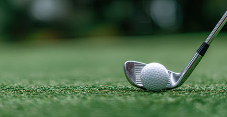 A golf ball rests near a golf club on a green surface. The image exhibits a close-up perspective with selective focus, showcasing texture. The composition uses a shallow depth of field. This image might be used for various commercial and editorial purposes.の素材