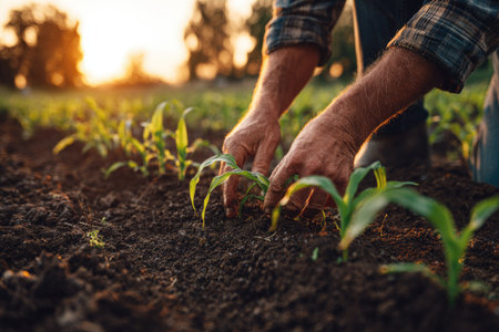 An agricultural worker cultivates seedlings in the soil, illuminated by warm sunlight. The image showcases green foliage and rich brown earth, with a blurred background suggesting an outdoor setting. Suitable for illustrating themes of agriculture, growth, and sustainable practices, it offers visual appeal for commercial use.の素材
