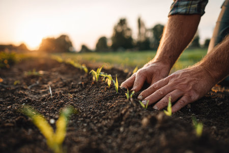 A farmer carefully plants seedlings in dark, rich soil during the golden hour. The image features close-up details of hands, soil, and emerging green sprouts. Soft sunlight creates a warm atmosphere, with a blurred background of trees and a bright sky. Suitable for illustrating themes of agriculture and growth.の素材