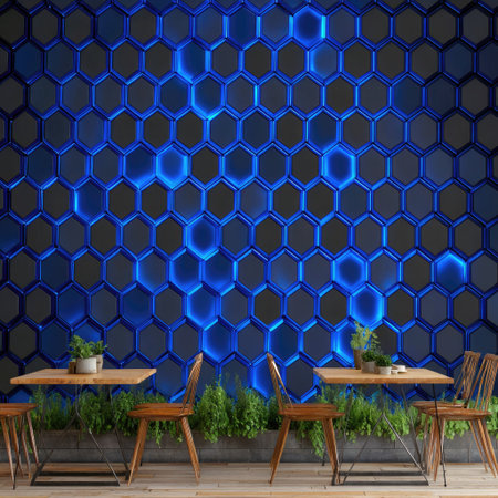 A digitally rendered image showcases a repeating pattern of blue-illuminated honeycomb cells. The composition features wooden tables and chairs in front of the background, with some green plant decorations. The graphic style could be used for design, technology, or abstract concepts. The overall visual is suitable for various commercial applications.の素材