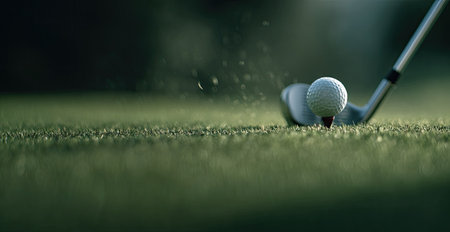 A golf ball is seen resting on a tee, positioned for a swing by a golf club. The scene features a green field, suggesting an outdoor environment. The composition focuses on the ball and club, with motion blur indicating action. This image could be used for sports publications and promotional materials.の素材