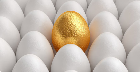A golden egg distinguishes itself amidst a group of white eggs in this image. The composition highlights texture and form with a focus on contrast. The scene, likely indoors, features soft lighting. This image is suitable for various applications, including advertising, editorial projects, and visual concepts related to uniqueness.の素材