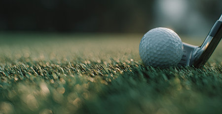 A close-up shows a golf ball resting on green grass with a golf club positioned nearby. The image displays natural lighting and a shallow depth of field, emphasizing the textures of the grass and ball. It could be used for various sports-related advertising or editorial purposes.の素材