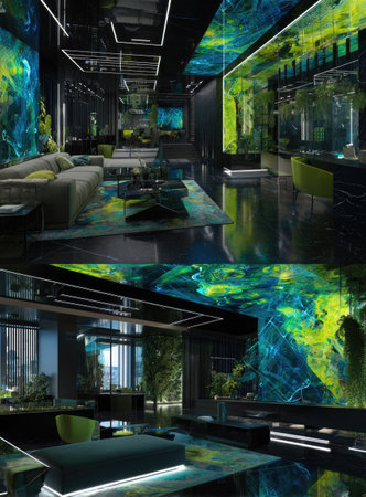 This image presents a modern interior showcasing a creative living space. The scene features a sleek design, with dark tones contrasted by vibrant, artistic visuals. The composition uses reflective surfaces and striking color palettes to create a futuristic atmosphere, suitable for diverse commercial applications.の素材