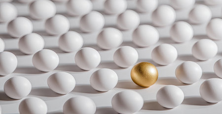 The image showcases a multitude of white eggs with one golden egg, arranged in a grid pattern. The composition features soft lighting and a high-angle perspective, highlighting the contrast. This arrangement evokes ideas of individuality and standing out from the crowd. Suitable for various commercial and editorial applications.の素材