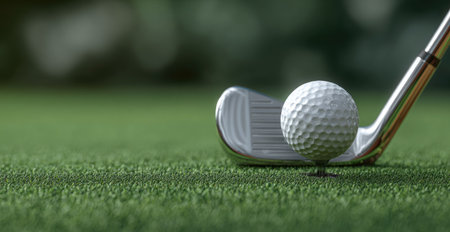 A close-up showcases a golf ball perched atop a tee, positioned in front of a golf club. The image features bright lighting, highlighting the textures of the ball and club. The scene is set on a field of green grass, with a blurred background. It could be used for sports, leisure, or recreational purposes.の素材