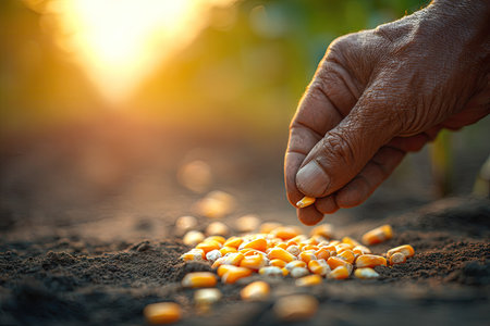 A hand carefully sows seeds into dark soil. The composition features a close-up view with a shallow depth of field, showcasing the texture of the earth and the seeds. Warm sunlight bathes the scene in golden hues, highlighting the process of planting. Suitable for agriculture-related projects or educational materials.の素材