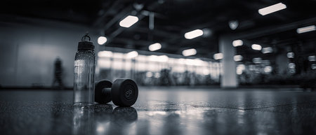 A monochrome image showcasing a dumbbell and water bottle in an indoor setting. The composition highlights the objects against a blurred background with overhead lighting. The overall style suggests a focus on fitness and well-being, lending itself to editorial and commercial applications related to health and exercise.の素材