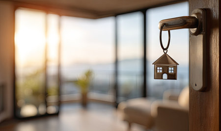 A decorative house key hangs from a doorknob in an open doorway. The image showcases a sunlit interior with expansive windows, suggesting a bright and welcoming space. This photograph could be used for real estate promotions, home-related services, or general lifestyle content.の素材