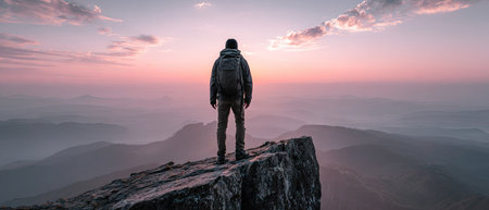 A person with a backpack stands on a rocky peak, gazing at a vibrant sunset. The composition displays soft colors with the sky blending from pink to orange. The image conveys a sense of solitude and adventure, and could be used for editorial content or general marketing.の素材