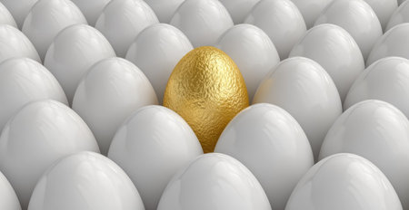 An eye-level shot showcases a golden egg positioned among numerous white eggs. The image presents a clean, bright composition with a shallow depth of field. The smooth texture and reflective surface of the eggs suggest a studio or controlled lighting environment, offering commercial and editorial applications.の素材