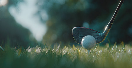 A golf ball sits on a tee awaiting a club strike, with a green grassy foreground and background. The scene is illuminated by soft, diffused lighting. The style suggests a commercial application for sports-related content or editorial use. The image composition features close-up detail.の素材