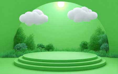 A vibrant green stage features a circular platform with steps, framed by a backdrop of stylized trees and fluffy white clouds. The scene is illuminated by a soft, overhead light, creating a clean and inviting atmosphere. This image is suitable for advertising, product showcasing, or other creative design purposes.の素材