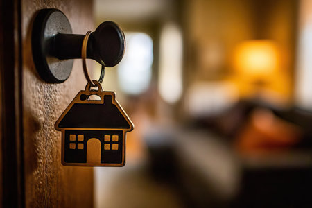 A close-up shows a house-shaped key tag hanging on a door handle. The tag is metallic with a detailed house silhouette. The shot utilizes shallow depth of field to blur the background, with warm tones and sunlight. The image suggests themes related to real estate and property. This could be used for illustrating various concepts.の素材