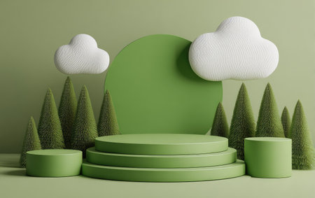 A stylized product display features a green stage with stacked platforms, complemented by soft white cloud shapes and conical tree forms. The composition uses a monochromatic green palette with contrasting white elements, creating a whimsical, inviting aesthetic. This design is suitable for product showcases, promotions, or background elements in various media.の素材