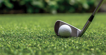 A golf club hovers above a white golf ball on lush green grass. The image presents a shallow depth of field, focusing on the ball and club. The composition suggests an outdoor setting, possibly a golf course, under natural lighting. Suitable for use in publications and commercial projects related to sports.の素材
