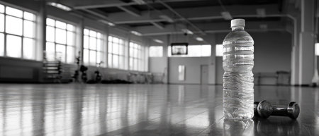 A grayscale image depicts a water bottle and dumbbell resting on a reflective wooden floor inside a gymnasium. The scene is illuminated by natural light filtering through large windows. The composition suggests a focus on health, fitness, and exercise, suitable for articles or advertisements.の素材