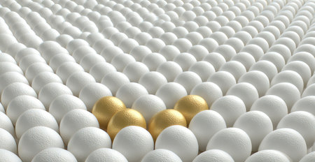 An image displays multiple spheres in a repeating pattern, with the majority colored white. A group of spheres with a golden hue is positioned amidst the white spheres, creating a contrast. The composition uses an overhead perspective and uniform lighting to highlight the different textures and shapes. This could be used for various visual concepts.の素材