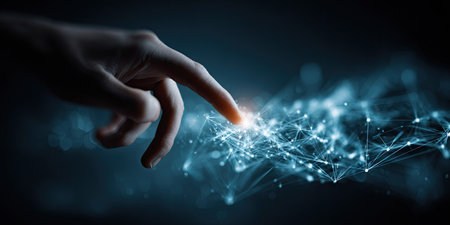 A human hand reaches out to touch a glowing network. The visual features a dark, blurred background against a bright network of interconnected dots. The style suggests technology and innovation. This image could be used for presentations related to science, digital connectivity, or technological advancement. It offers copy space.の素材