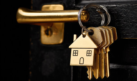 The image displays a collection of golden keys with a house-shaped keychain, positioned near a door handle. The composition features a close-up view, emphasizing the metallic texture of the keys. The lighting appears focused, potentially suggesting an indoor setting and commercial or illustrative use.の素材