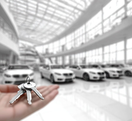 A person's hand prominently displays a set of car keys, set against a backdrop of modern vehicles displayed within a bright, spacious showroom. The image emphasizes a shallow depth of field, with blurred cars in the background. The scene suggests a commercial context, suitable for advertising or illustrating concepts of ownership.の素材