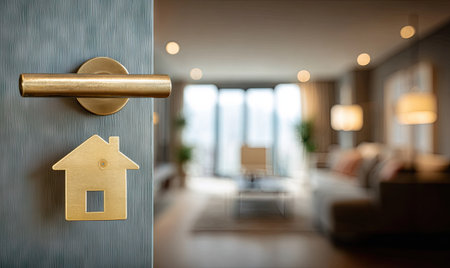 A close-up captures a gold doorknob and house-shaped key against a textured wall. The background offers a blurred view of a well-lit interior, possibly a living room, featuring natural light. This image is suitable for use in real estate, home decor, and lifestyle-related marketing materials.の素材