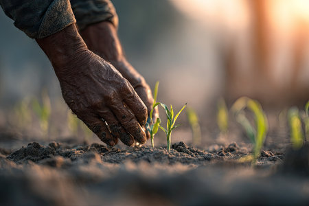 An elderly farmer's hands carefully place young sprouts into the earth. Warm sunlight illuminates the scene, highlighting the textures of the soil and the farmer's skin. The composition suggests an outdoor agricultural setting. This image could be used for illustrating concepts related to farming, agriculture, and environmental themes.の素材