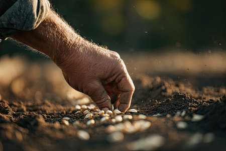 A close-up shows a hand carefully placing seeds into the soil. The composition highlights the texture of the earth and the seeds. The image presents warm colors and soft focus, possibly suggesting an agricultural setting. It could be suitable for various editorial and commercial projects about agriculture and cultivation.の素材