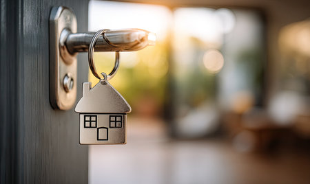 A house key hangs on a door handle, featuring a miniature house charm. The image highlights a soft focus background with warm lighting. The visual suggests themes related to property, real estate, and new beginnings. It may be suitable for use in marketing materials or editorial content related to housing.の素材
