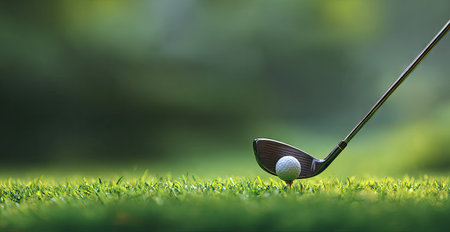 A golf club swings at a golf ball resting on a tee. The image features lush green grass in the foreground, with a softly blurred green background suggesting an outdoor setting. The lighting is bright, highlighting the ball and club. The composition lends itself well to advertising and editorial use, especially related to sports.の素材