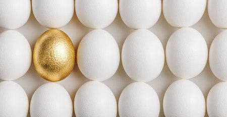An overhead view presents a unique golden egg amid a collection of white eggs. The composition highlights a contrasting display of textures and colors. The image likely suits varied applications including illustrating individuality, success, or value in a diverse range of editorial and commercial projects.の素材