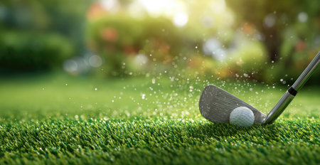 A golf club makes contact with a white golf ball on a vibrant green grassy field. The image showcases a close-up perspective with natural sunlight and a blurred bokeh effect in the background. Suitable for various commercial applications, the image could represent leisure activities or sporting events.の素材