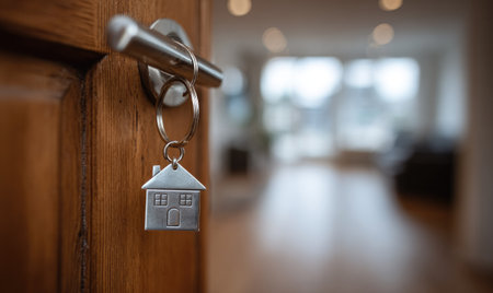 A close-up shot depicts a house key hanging in an open doorway. The wooden door is partially open, revealing a blurred interior scene. The key features a small house-shaped charm. The image showcases warm tones and shallow depth of field, suitable for concepts related to real estate or home ownership.の素材